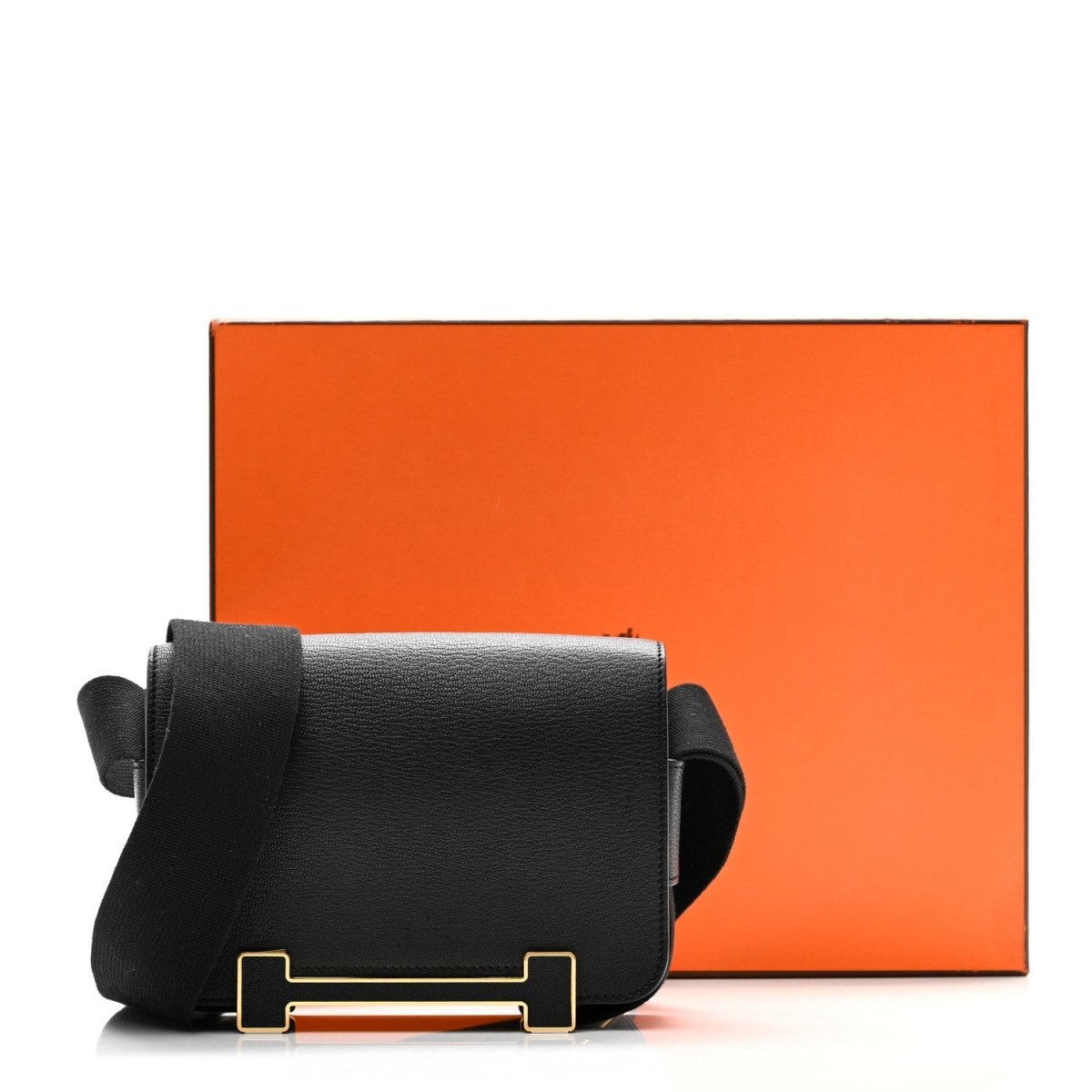 HERMES black leather crossbody bag with gold front buckle and adjustable strap