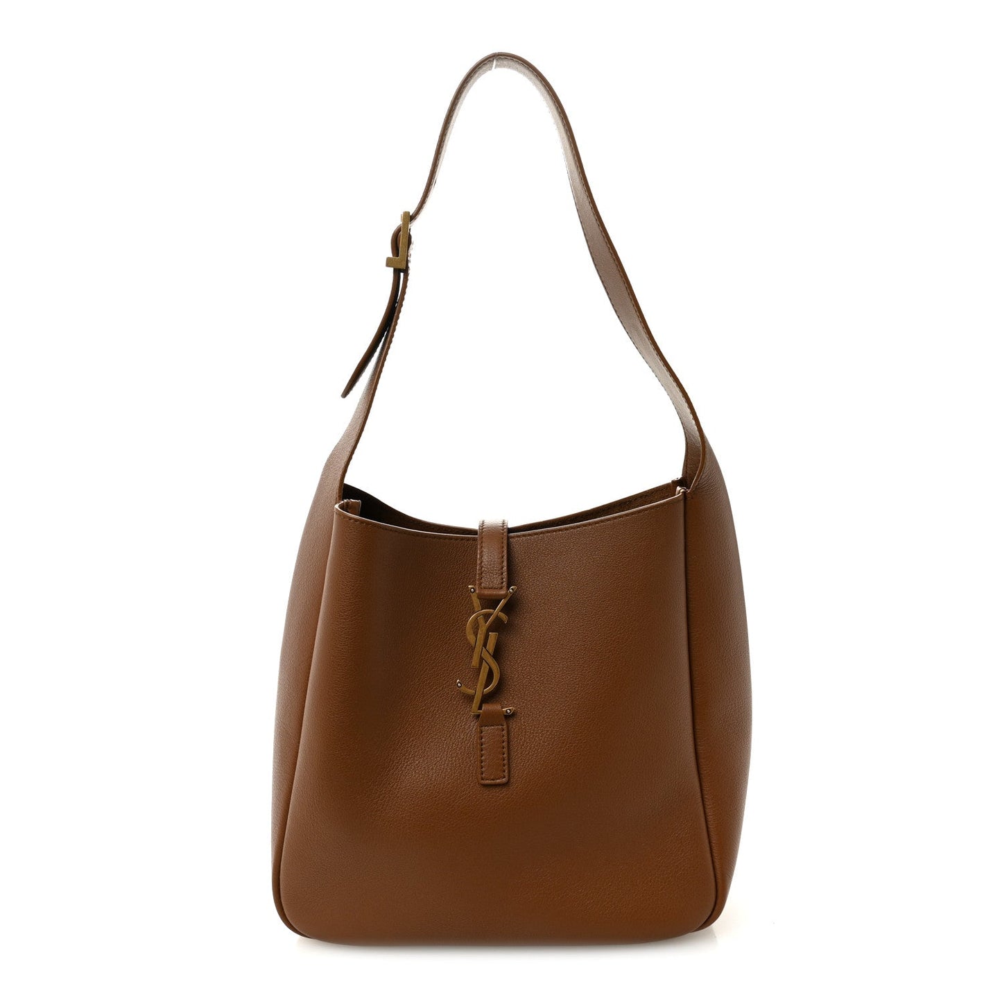 Tan leather small hobo bag with top handle and front YSL logo detail