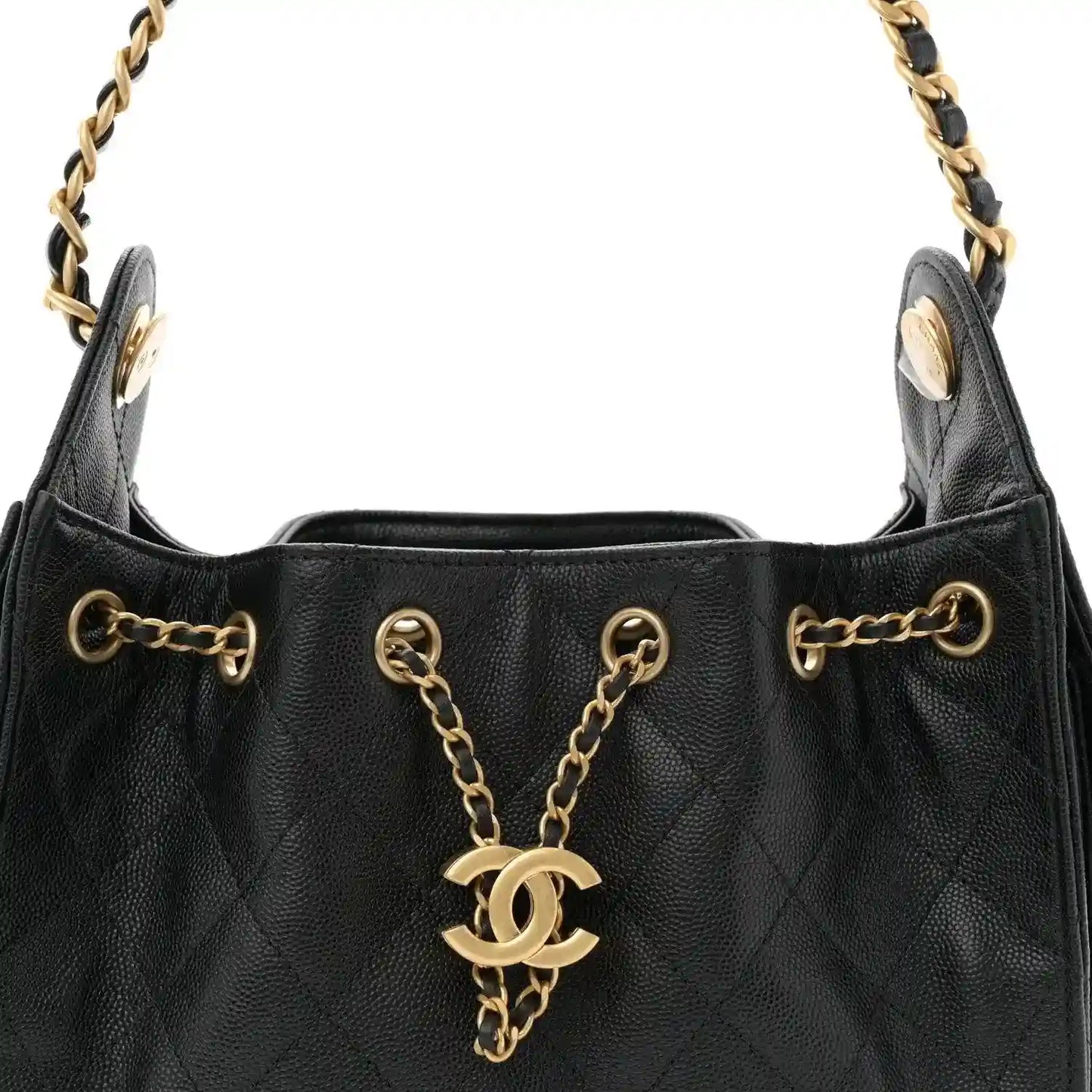 Black quilted mini handbag with chain handle, CC charm, and metal hardware