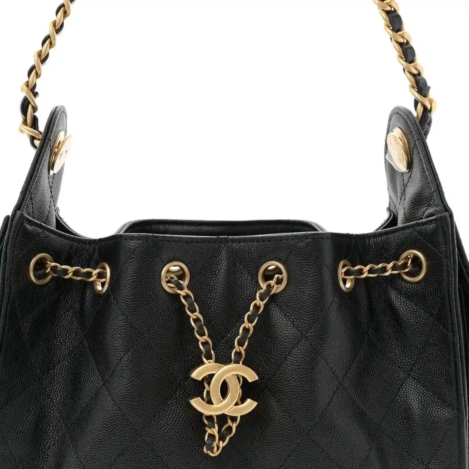 Black quilted mini handbag with chain handle, CC charm, and metal hardware