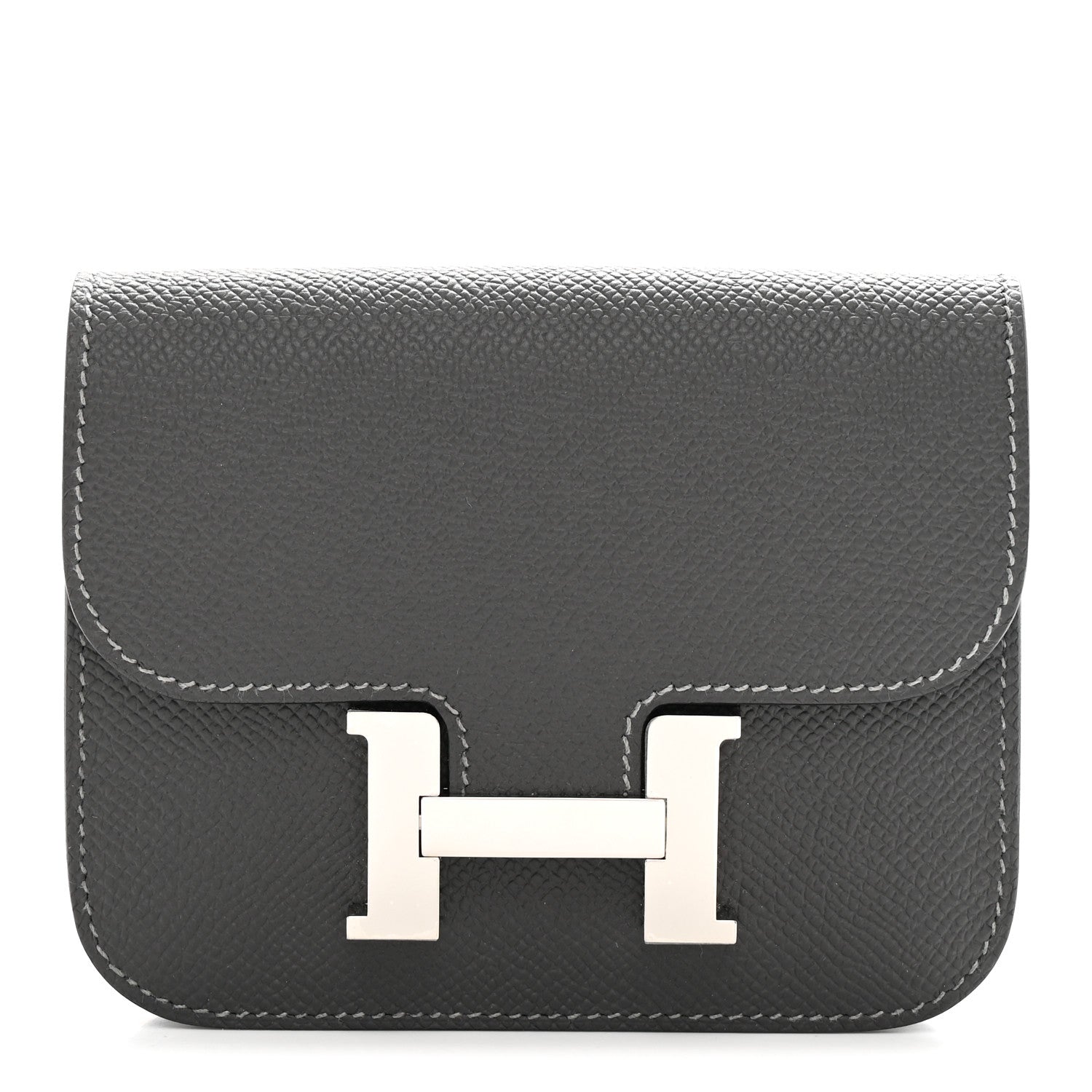 Constance slim wallet front in dark textured leather with H clasp and contrast stitching