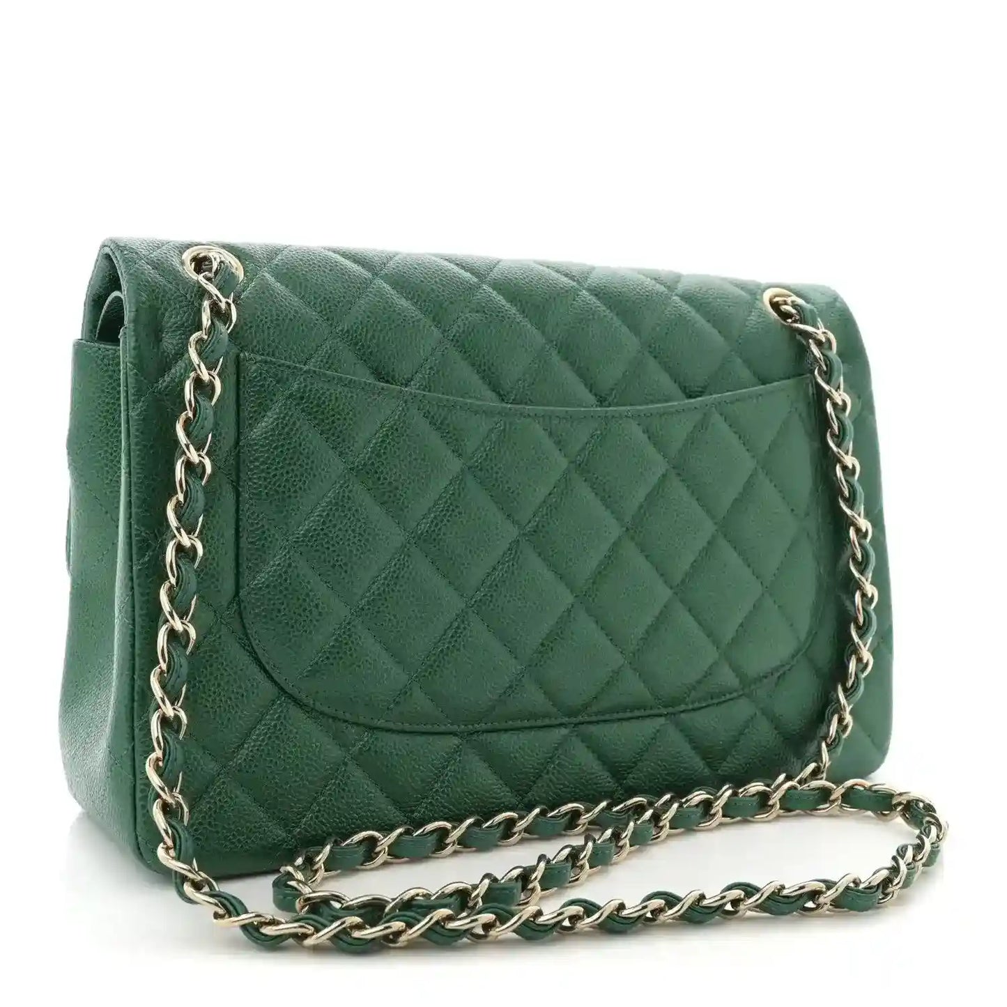 Green quilted leather flap bag with gold-tone chain strap and front pocket detail.