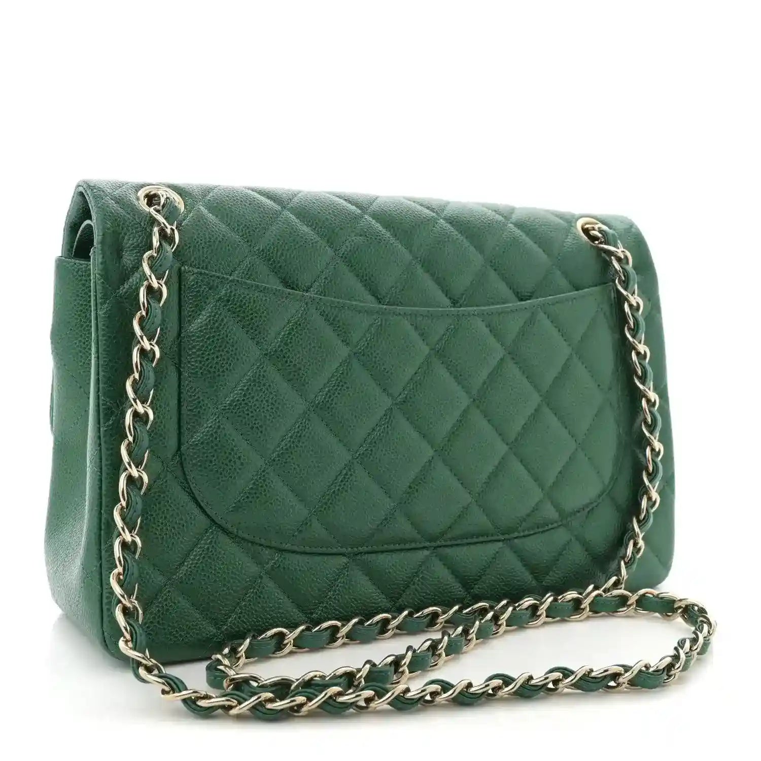 Green quilted leather flap bag with gold-tone chain strap and front pocket detail.
