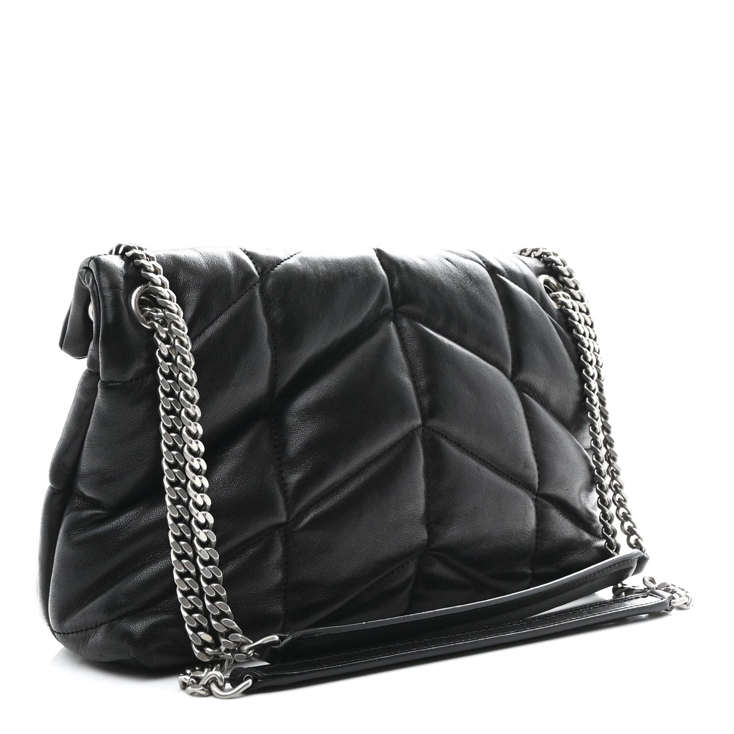 Black quilted lambskin small satchel with chain strap and diamond puffer stitching.
