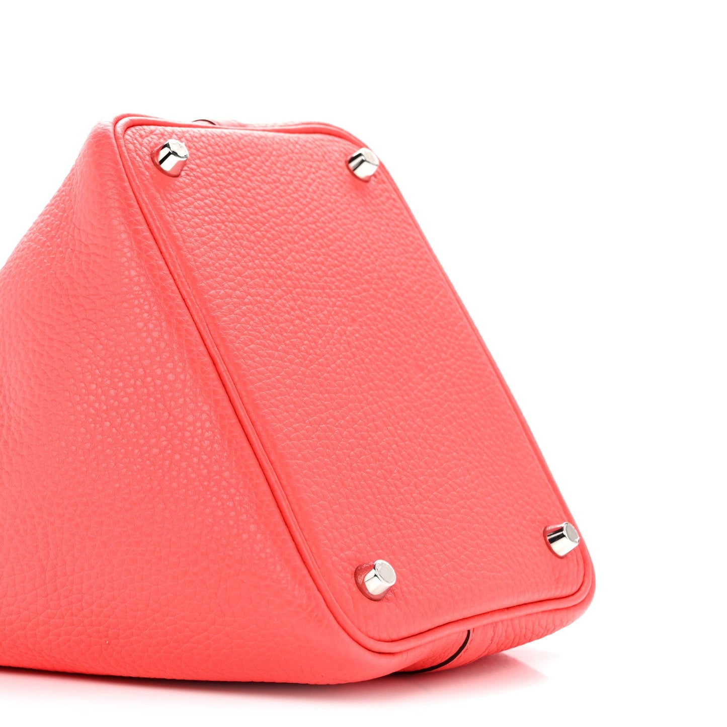Rose pink leather tote bag with diagonal side profile and metal corner hardware