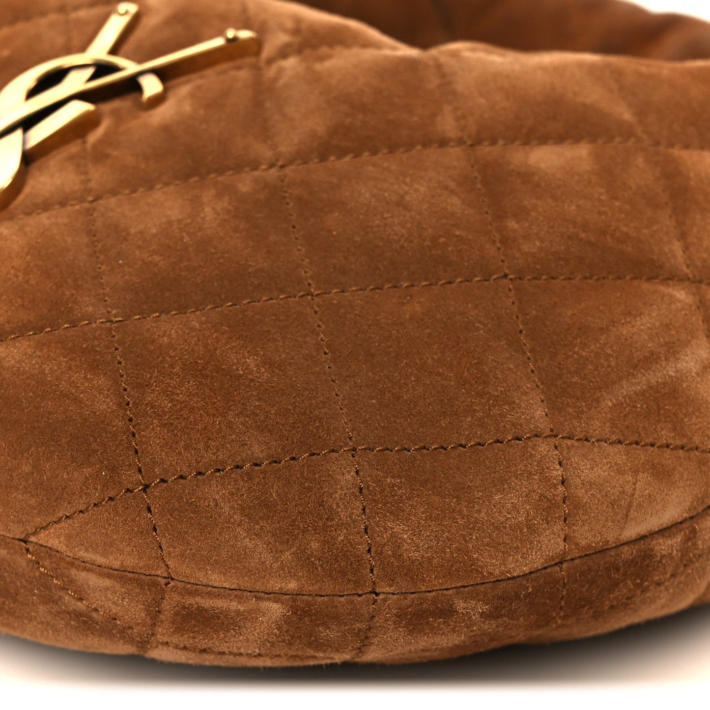 Cognac suede quilted tote bag corner detail with curved bottom seam