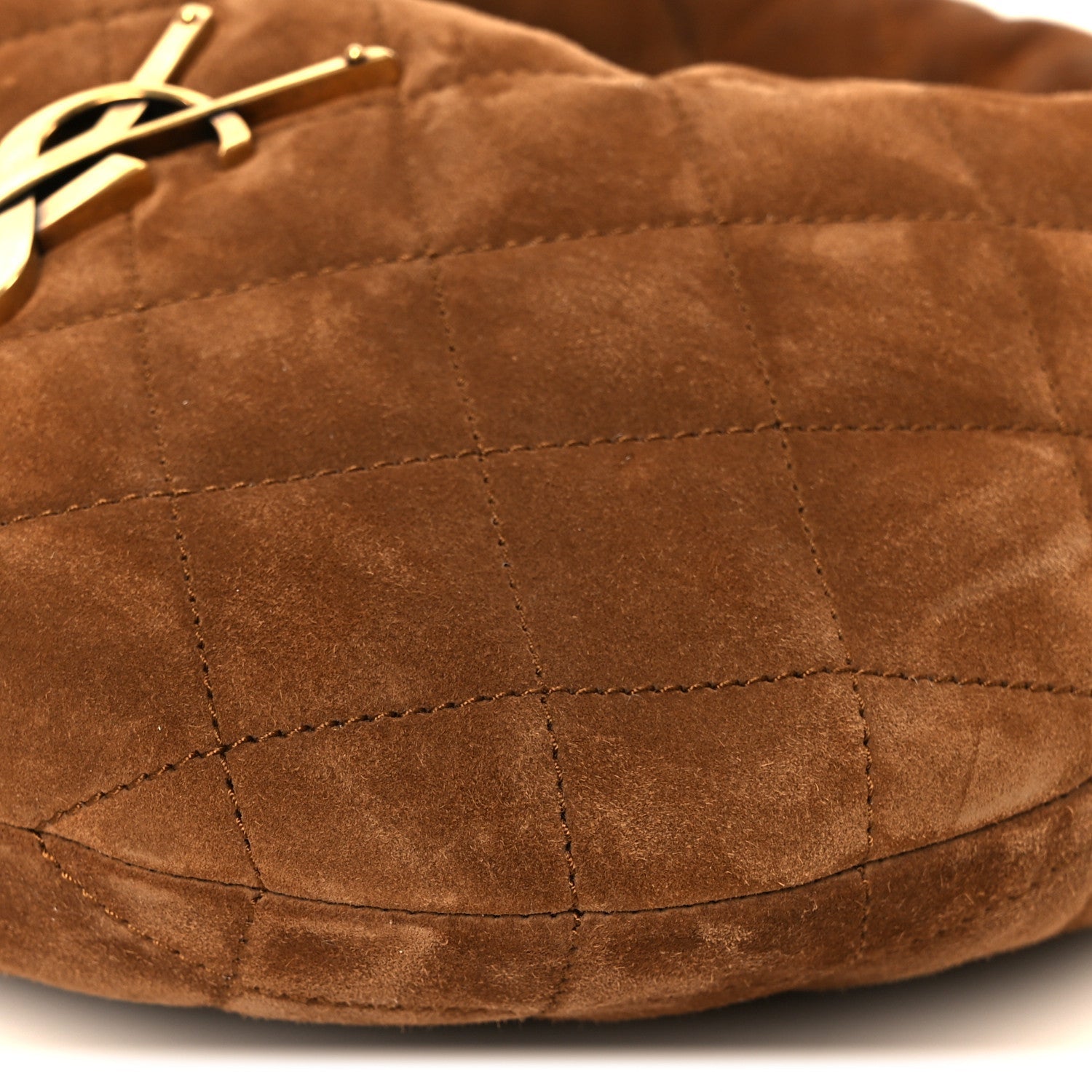 Cognac suede quilted tote bag corner detail with curved bottom seam