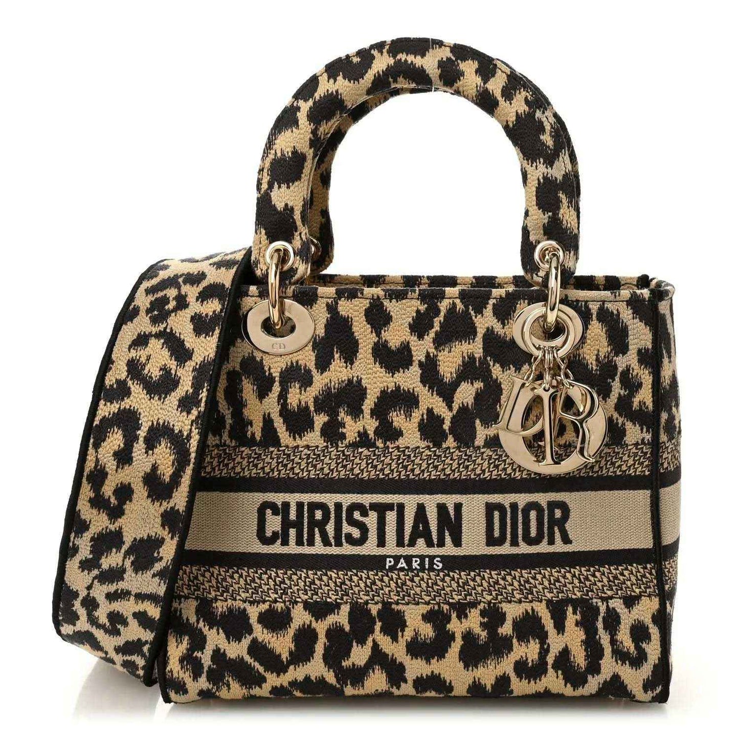 Christian Dior leopard canvas medium bag with top handles and Dior logo band