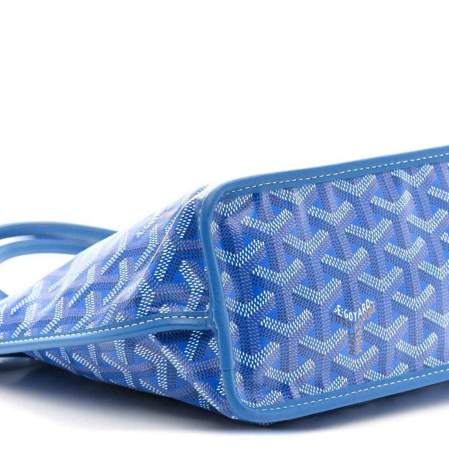 Mini reversible tote bag, blue monogram canvas side panel with leather trim