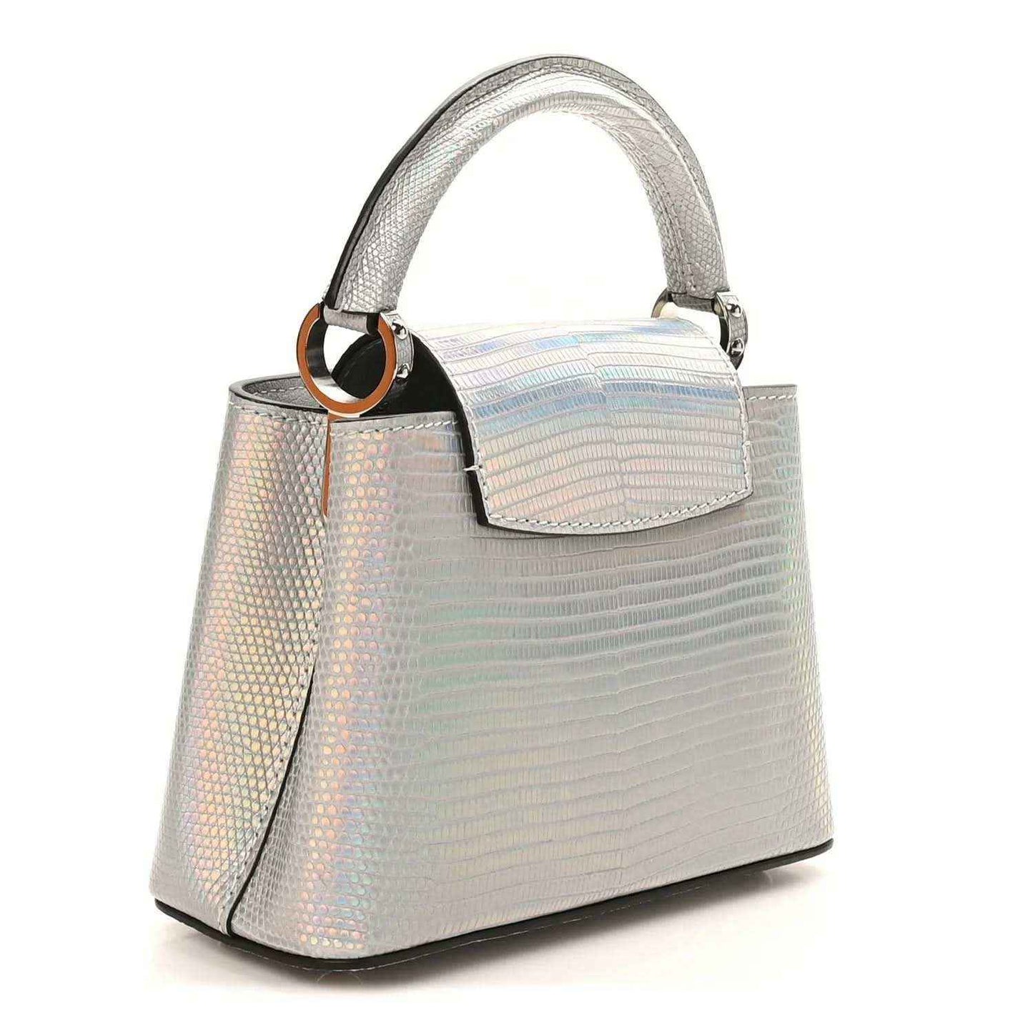 Iridescent lizard mini handbag with front flap, top handle, and silver hardware