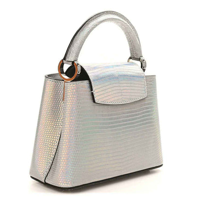 Iridescent lizard mini handbag with front flap, top handle, and silver hardware