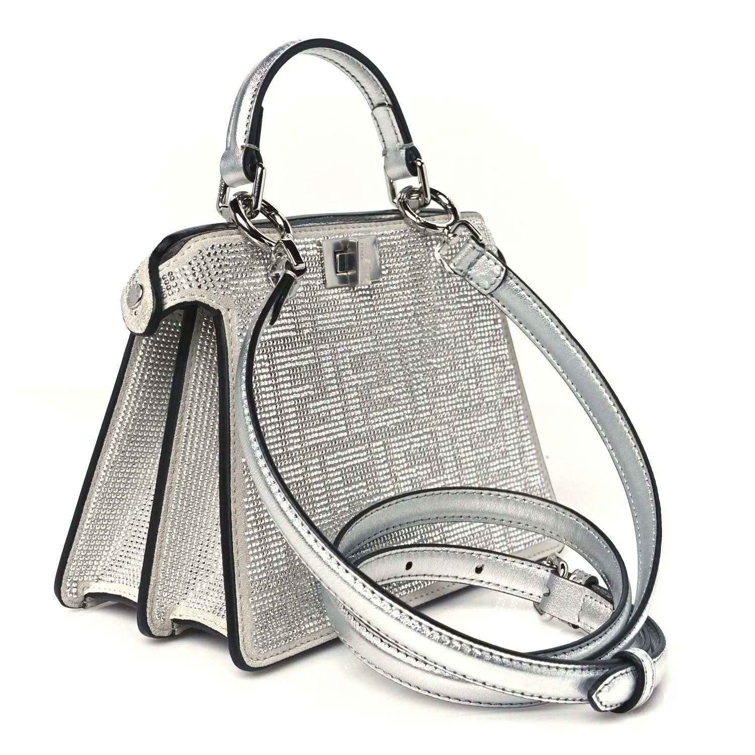 Petite crystal satchel with top handles and long shoulder strap, silver-toned hardware