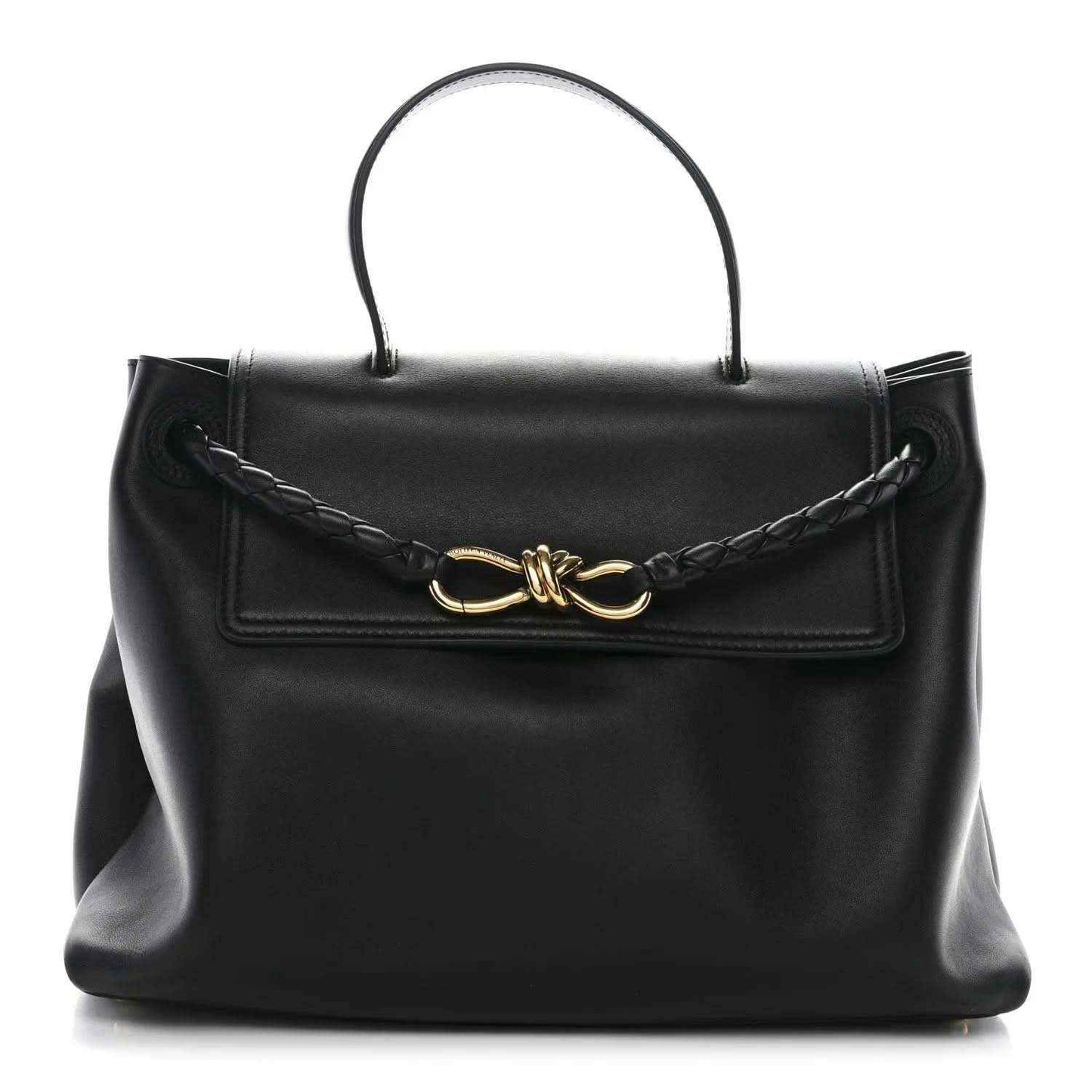 Black leather medium Ciao Ciao shoulder bag with top handles and front flap closure.