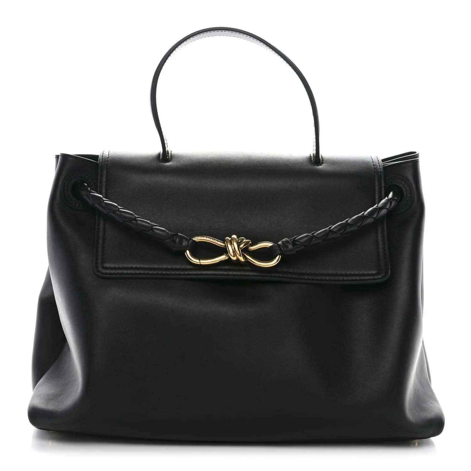 Black leather medium Ciao Ciao shoulder bag with top handles and front flap closure.