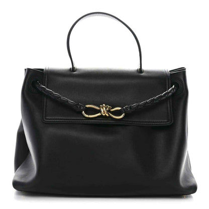 Black leather medium Ciao Ciao shoulder bag with top handles and front flap closure.