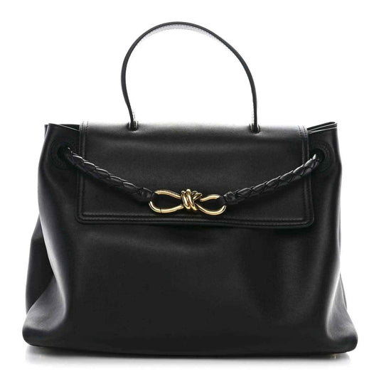 Black leather medium Ciao Ciao shoulder bag with top handles and front flap closure.