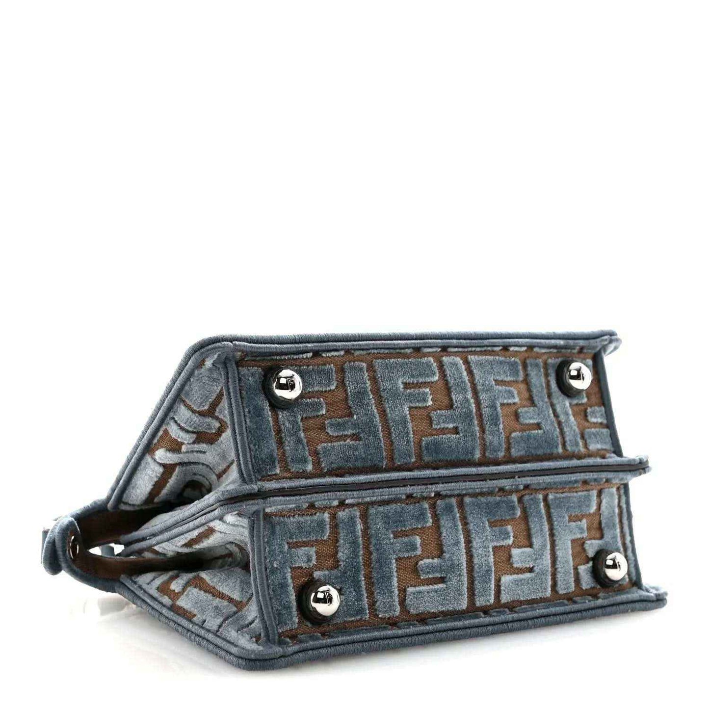 Small satchel interior view with FF jacquard lining and two silver snap buttons