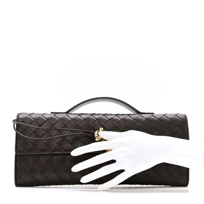 Nappa leather clutch bag with intrecciato weave, top handle, dark tone, gold front hardware