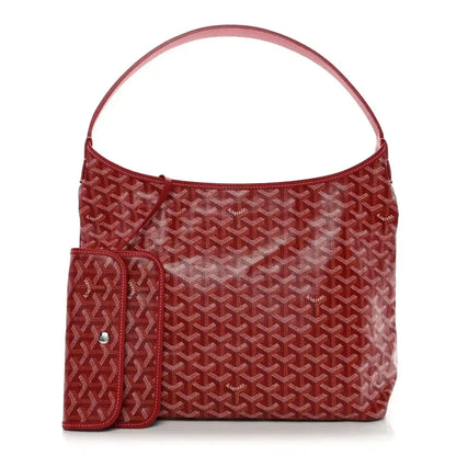 Red Goyardine hobo bag with removable pouch tab and top handle, monogram pattern