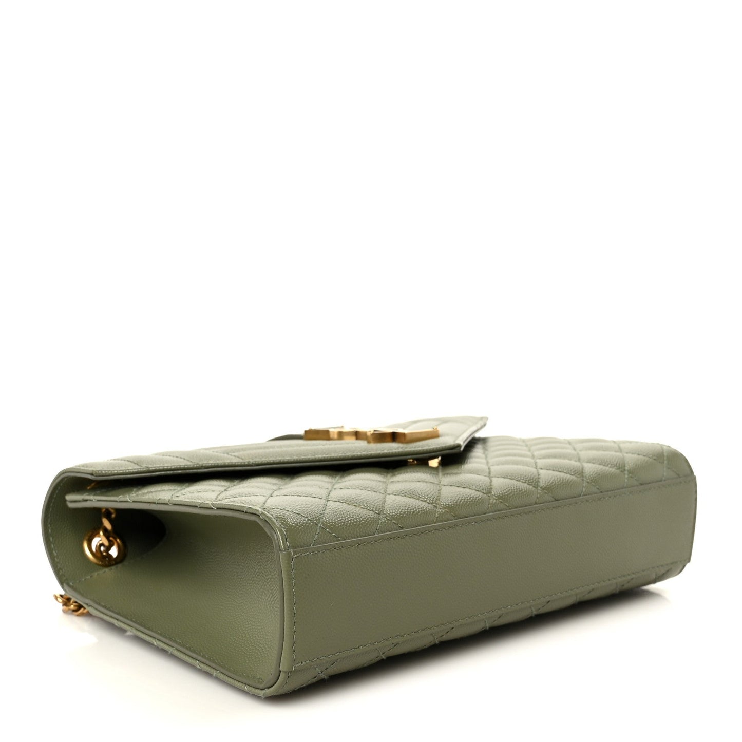 Light sage satchel bottom corner with gold-tone hardware and chain strap
