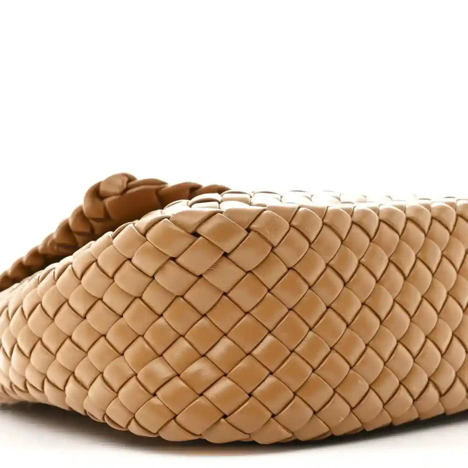 Caramel woven leather shoulder bag close-up of padded edge and intreccio weave