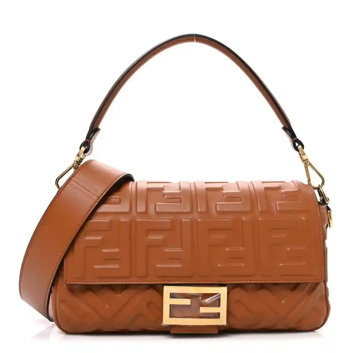 Fendi baguette bag in tan embossed leather with top handle and gold-tone clasp
