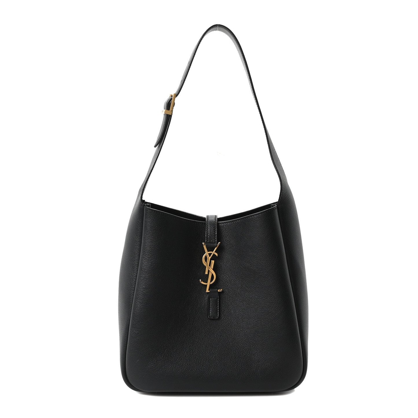 Black smooth calfskin hobo bag with gold YSL logo charm and top handles