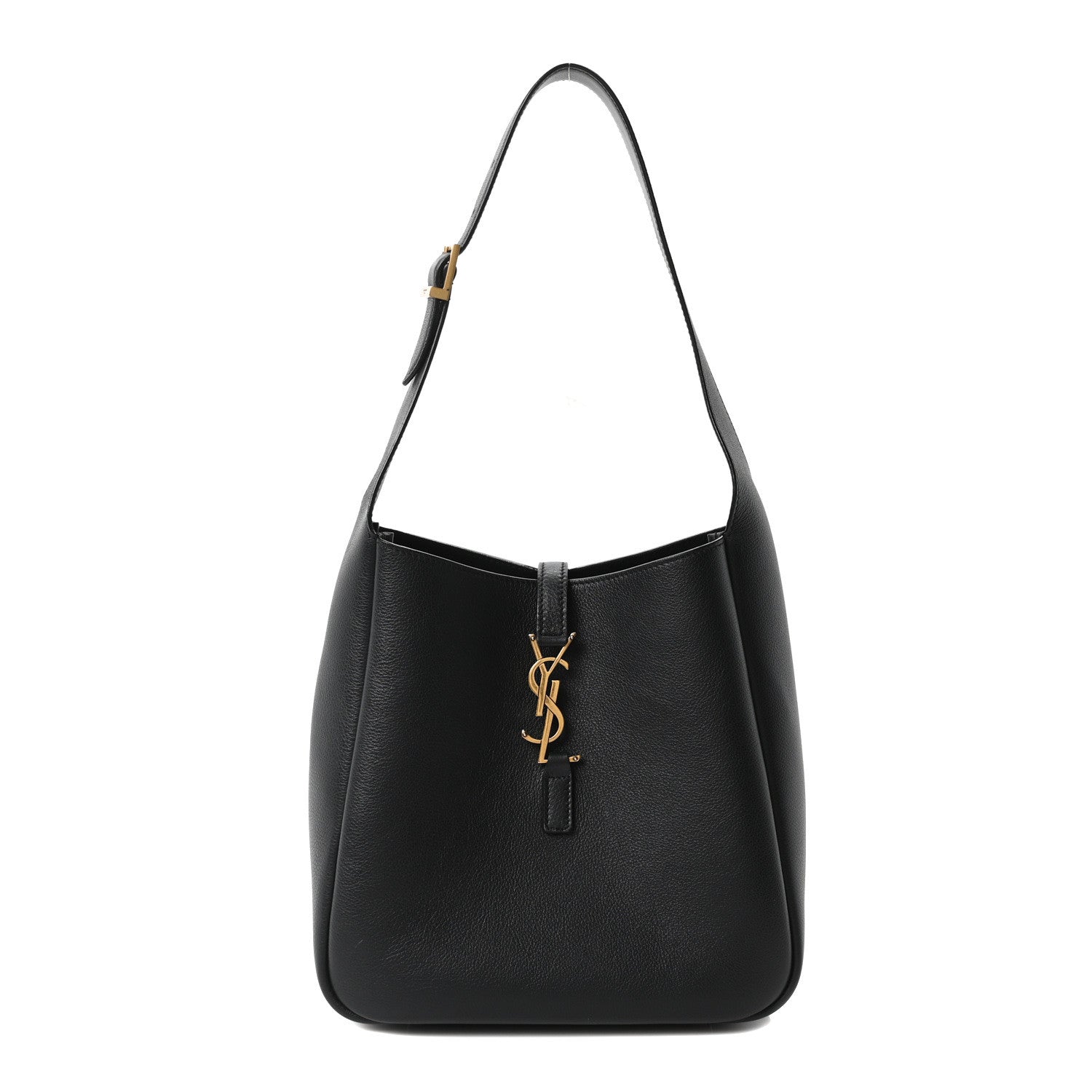 Black smooth calfskin hobo bag with gold YSL logo charm and top handles