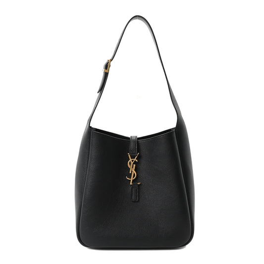 Black smooth calfskin hobo bag with gold YSL logo charm and top handles