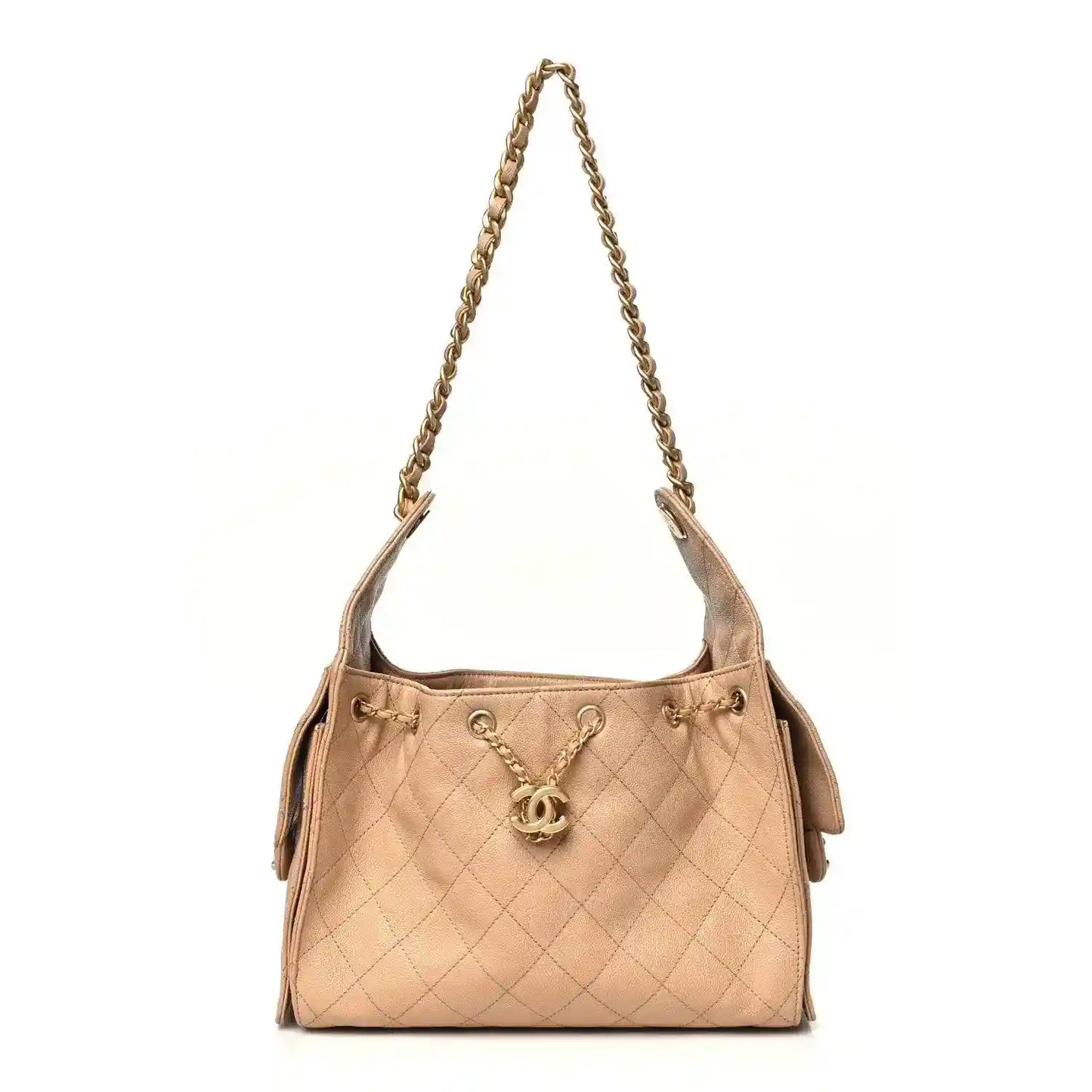 Chanel caviar quilted small 25 handbag in dark beige with chain handles and snap top