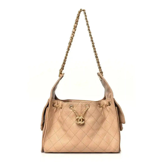 Chanel caviar quilted small 25 handbag in dark beige with chain handles and snap top