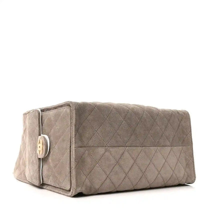 Chanel quilted suede shoulder bag, dark grey, horizontal flap with side buckle