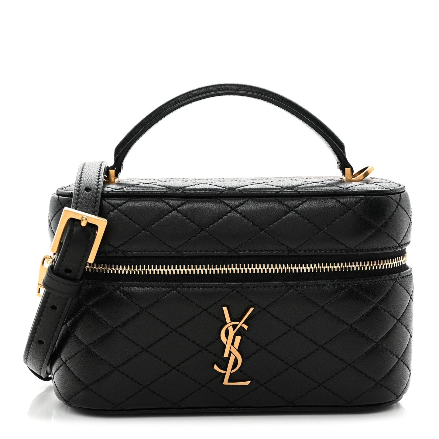 Saint Laurent mini quilted lambskin vanity case, black with gold YSL logo and top handle