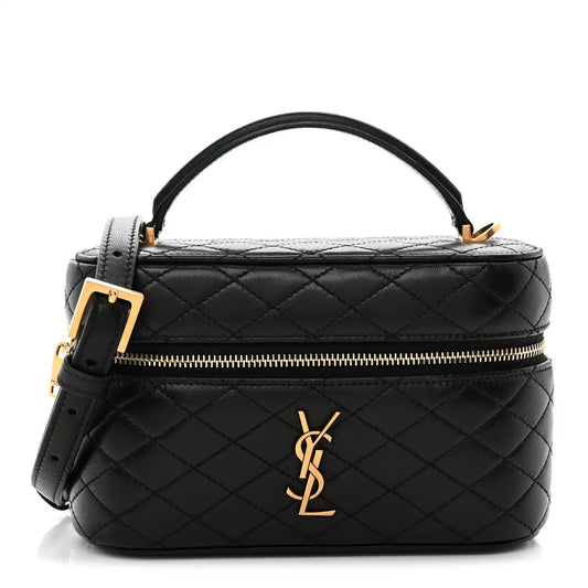 Saint Laurent mini quilted lambskin vanity case, black with gold YSL logo and top handle