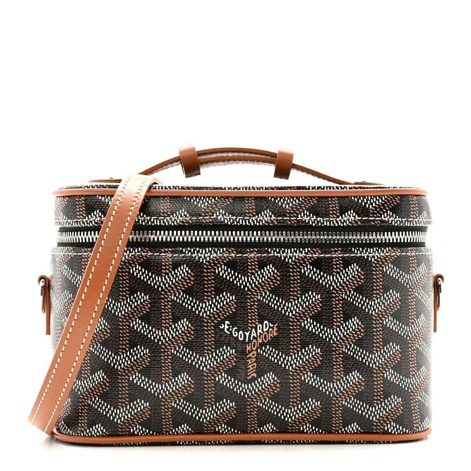 Mini vanity case in dark monogram canvas with tan leather trim and zip top
