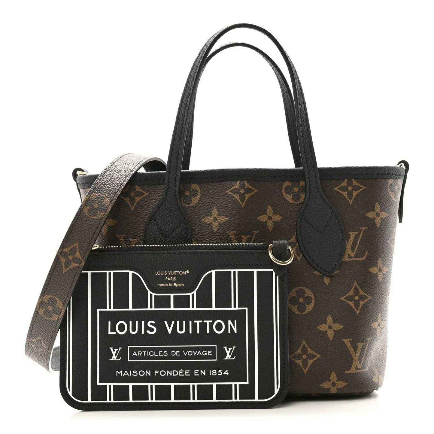 Reversible monogram tote bag with black handles, brown pattern, and front Louis Vuitton label