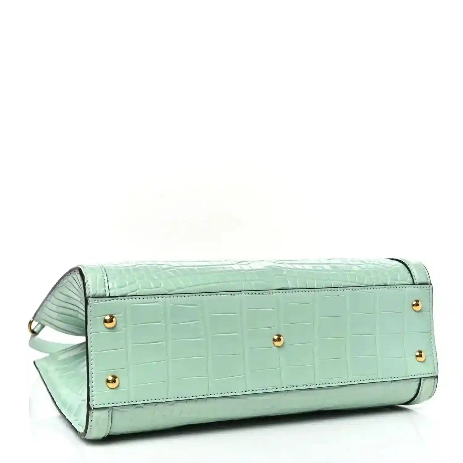 Green alligator-pattern shoulder tote bag with flap, gold buttons, and top handle