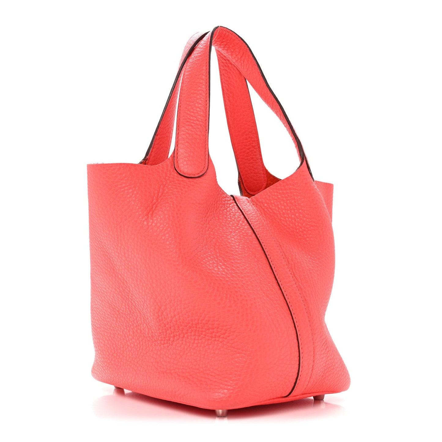 Rose pink leather tote bag with curved side profile and top handles