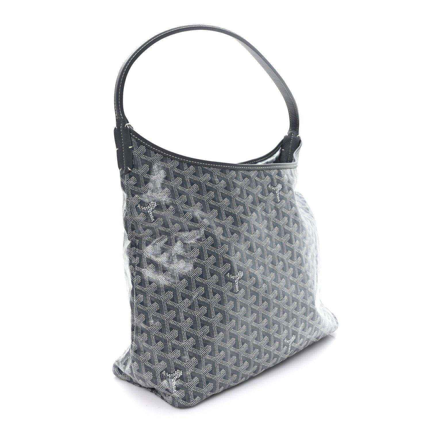 Grey hobo bag with top handle and repeating Goyard logo canvas
