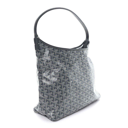Grey hobo bag with top handle and repeating Goyard logo canvas