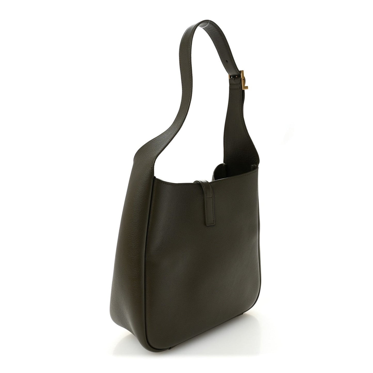 Calfskin hobo bag with structured sides, top handle, and front strap tab.
