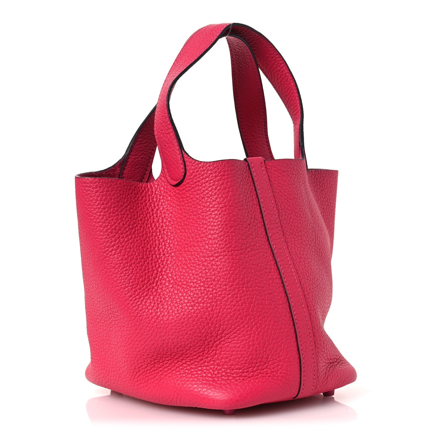 Rose pink textured bucket tote with long handles and side panel stitching