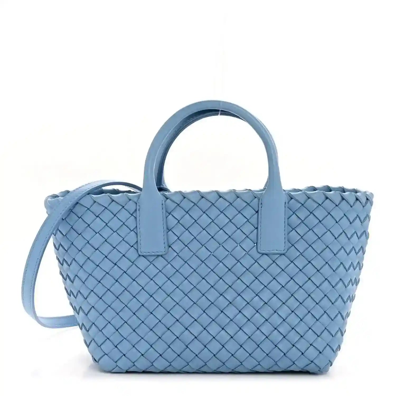 Blue intrecciato leather mini cabat tote with two top handles and woven pattern