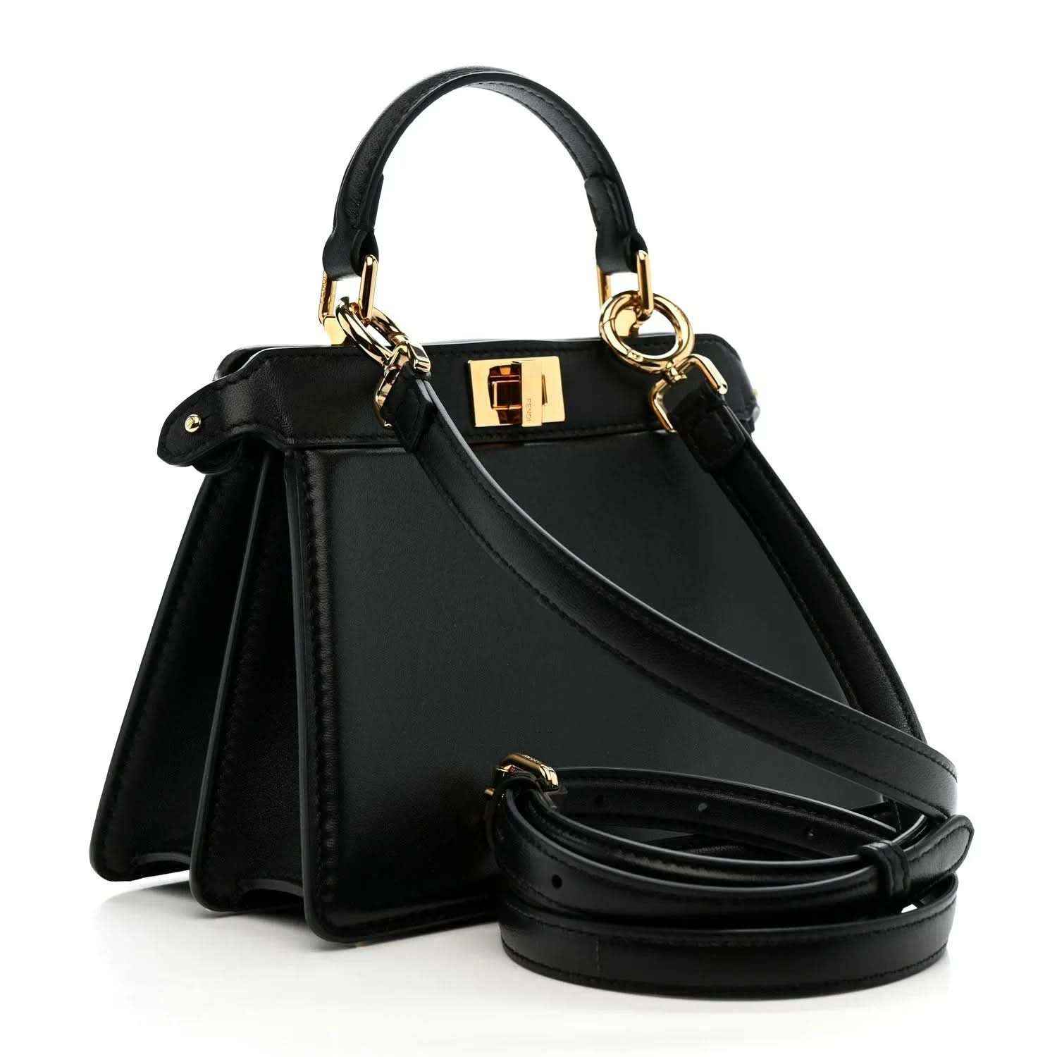 Black leather structured satchel with top handles, gold hardware, and crossbody strap