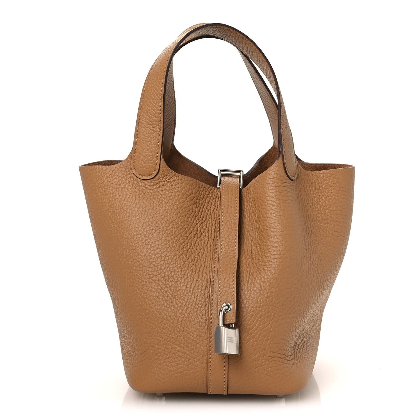 Tan textured leather tote bag with top handles and center front lock clasp.