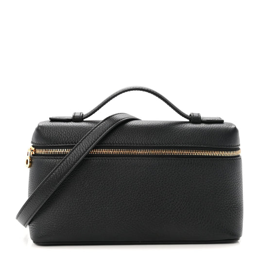 Loro Piana grained calfskin pouch in black with top handles and zip closure