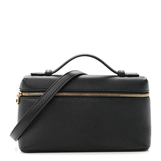 Loro Piana grained calfskin pouch in black with top handles and zip closure