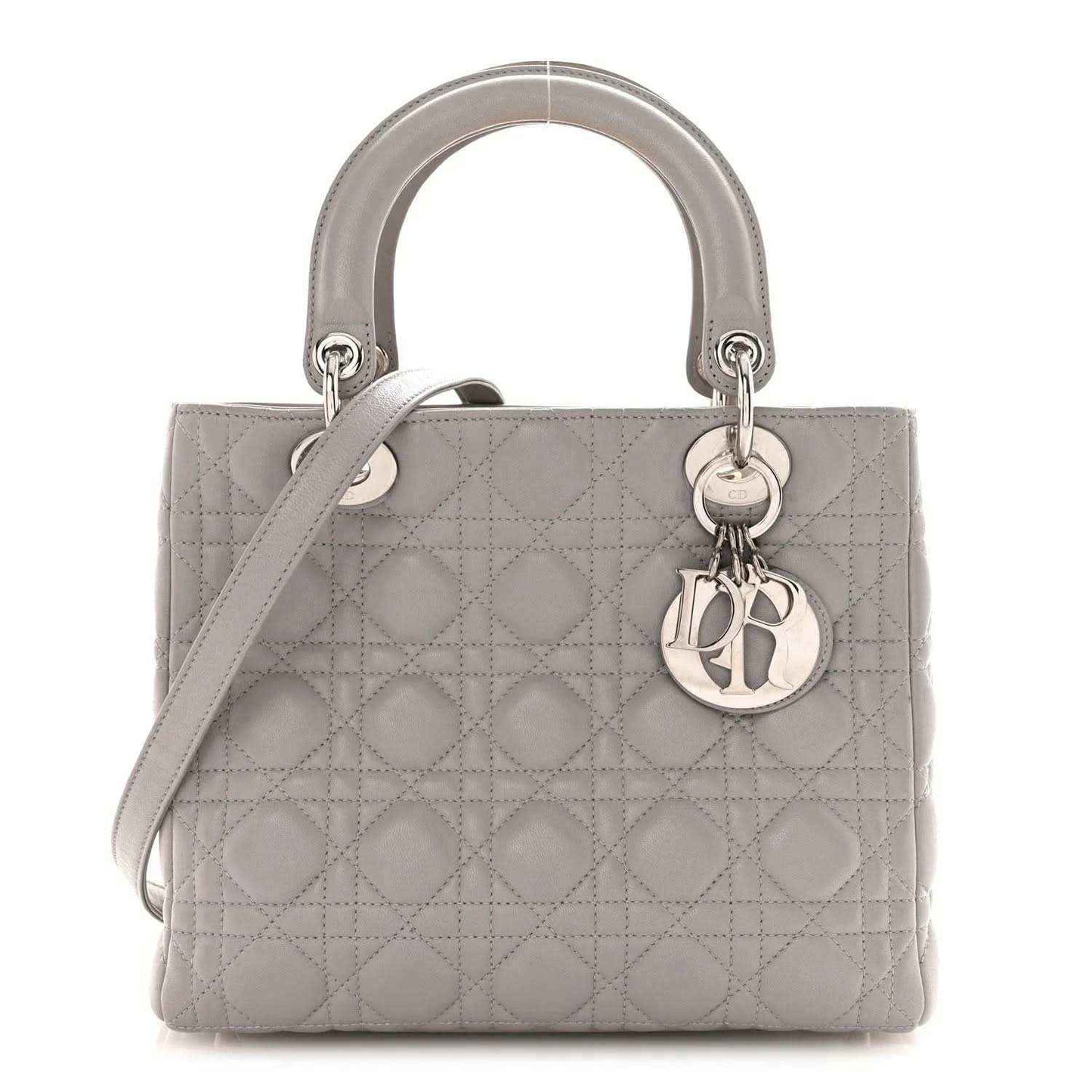 Grey quilted lambskin Lady Dior medium handbag with top handles and charm lock