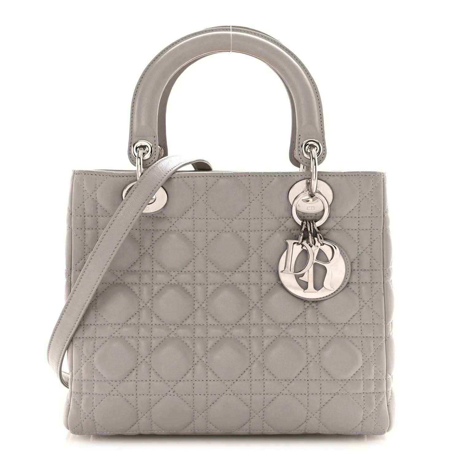 Grey quilted lambskin Lady Dior medium handbag with top handles and charm lock