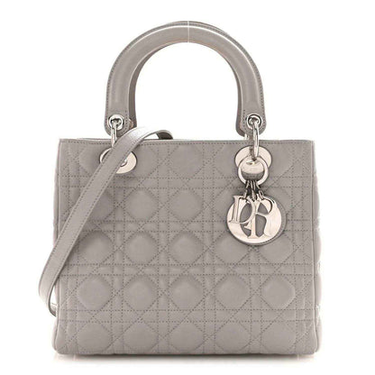 Grey quilted lambskin Lady Dior medium handbag with top handles and charm lock